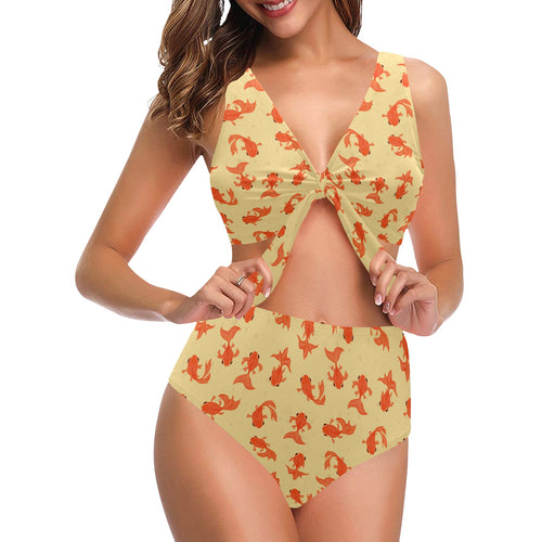 Goldfish Pattern Print Design 02 Chest Bowknot High Waisted Bikini Swimsuit