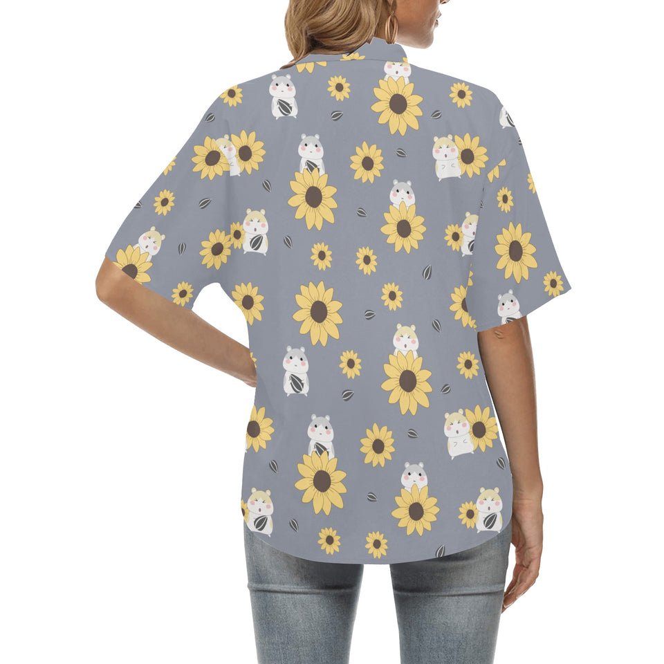 Cute hamster sunflower pattern background Women's All Over Print Hawaiian Shirt