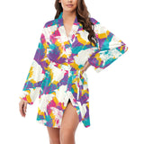 Colorful crow illustration pattern Women's Long Sleeve Belted Night Robe