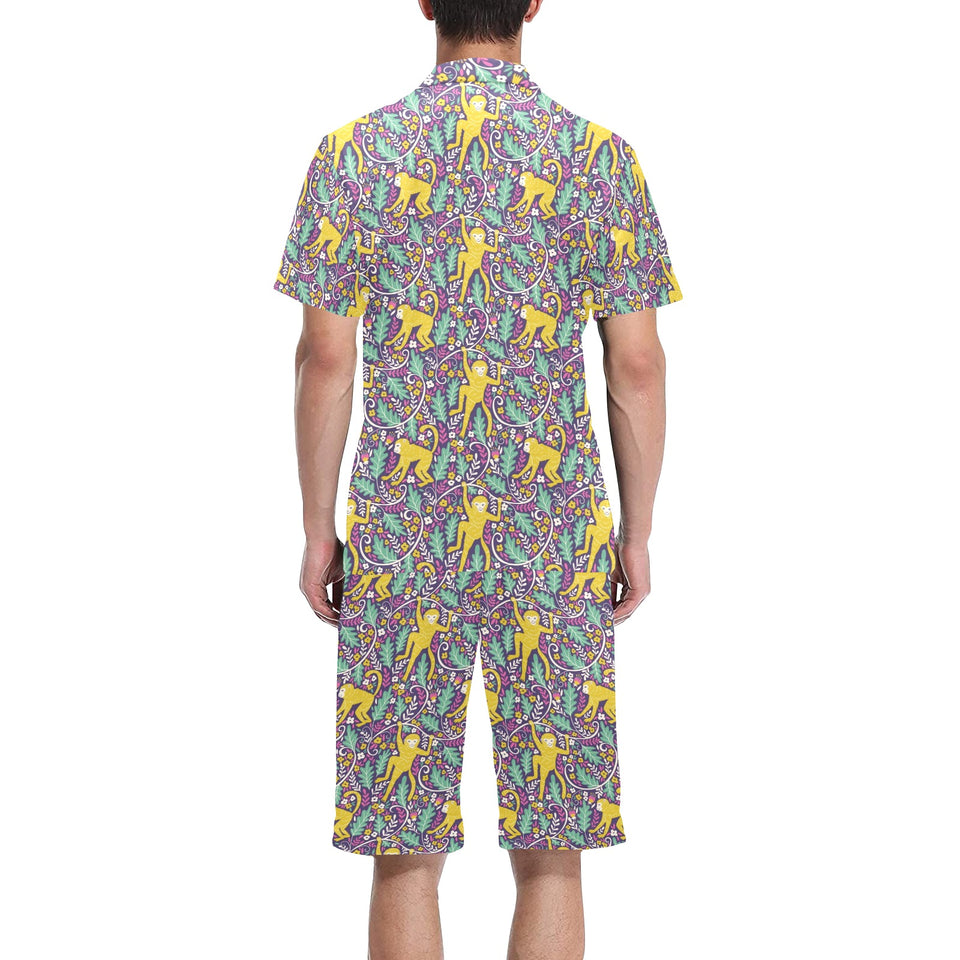 Cute yellow monkey leaves pattern Men's V-Neck Short Pajama Set