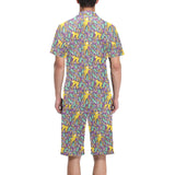 Cute yellow monkey leaves pattern Men's V-Neck Short Pajama Set