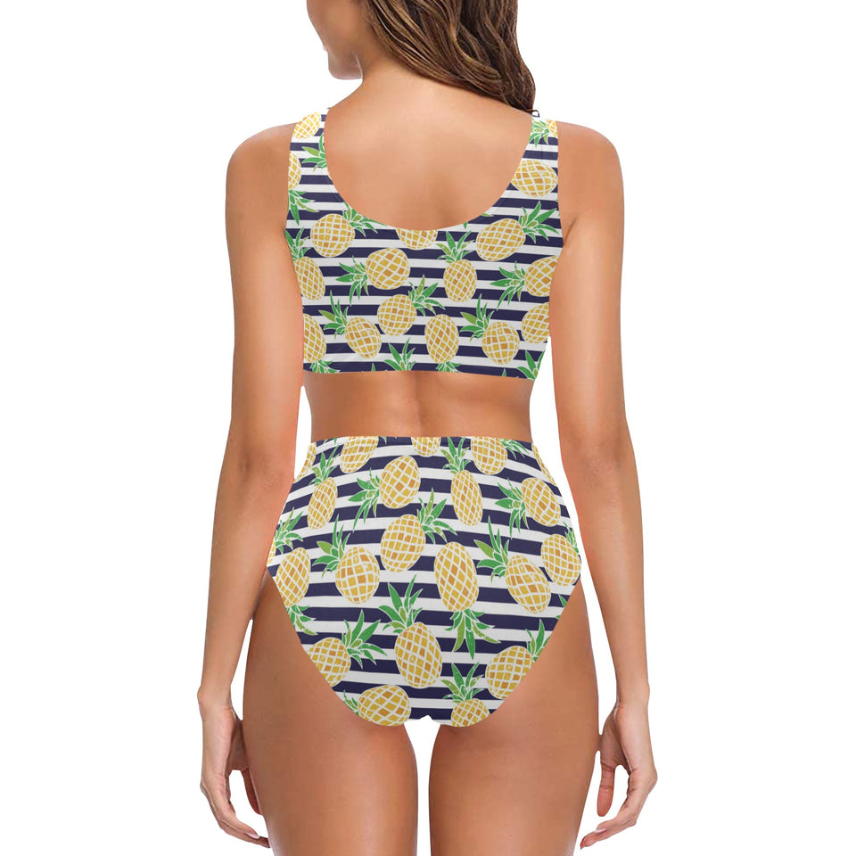 Pineapples pattern striped background Chest Bowknot High Waisted Bikini Swimsuit