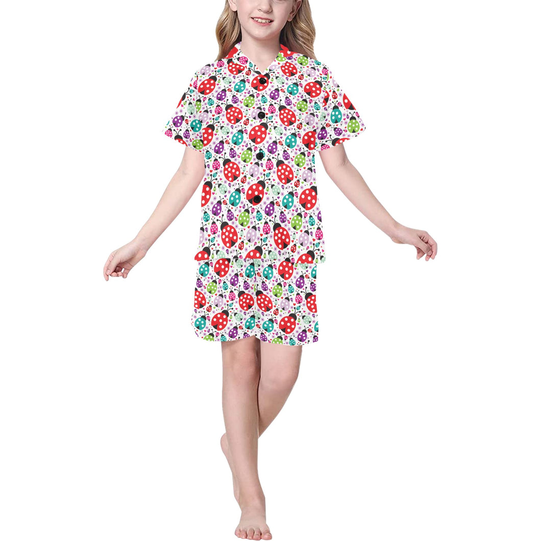 Ladybug Pattern Print Design 03 Kids' Boys' Girls' V-Neck Short Pajama Set