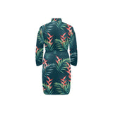heliconia flowers, palm and monstera leaves on bla Men's Long Sleeve Belted Night Robe