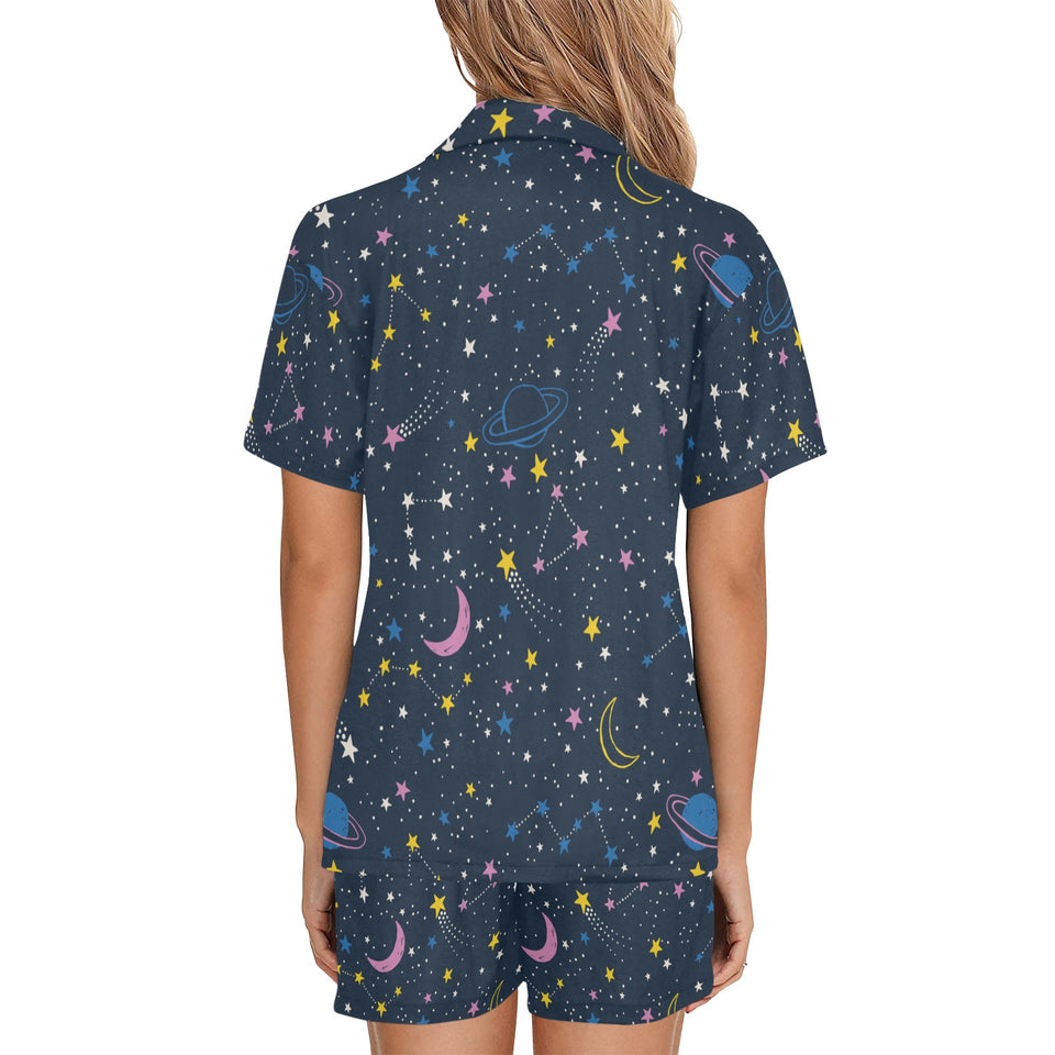 space pattern with planets, comets, constellations Women's V-Neck Short Pajama Set