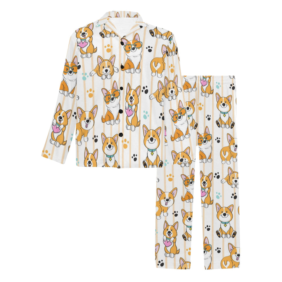 Cute dog corgi striped background pattern Men's Long Pajama Set