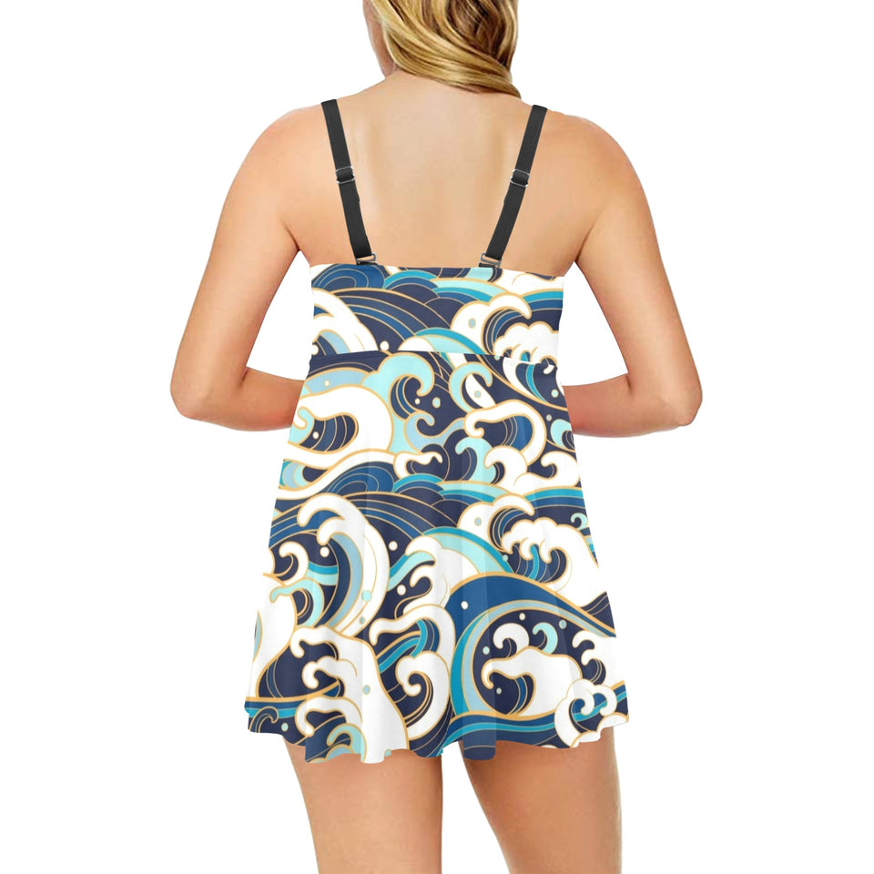 Japanese wave pattern Chest Sexy Pleated Two Piece Swim Dress