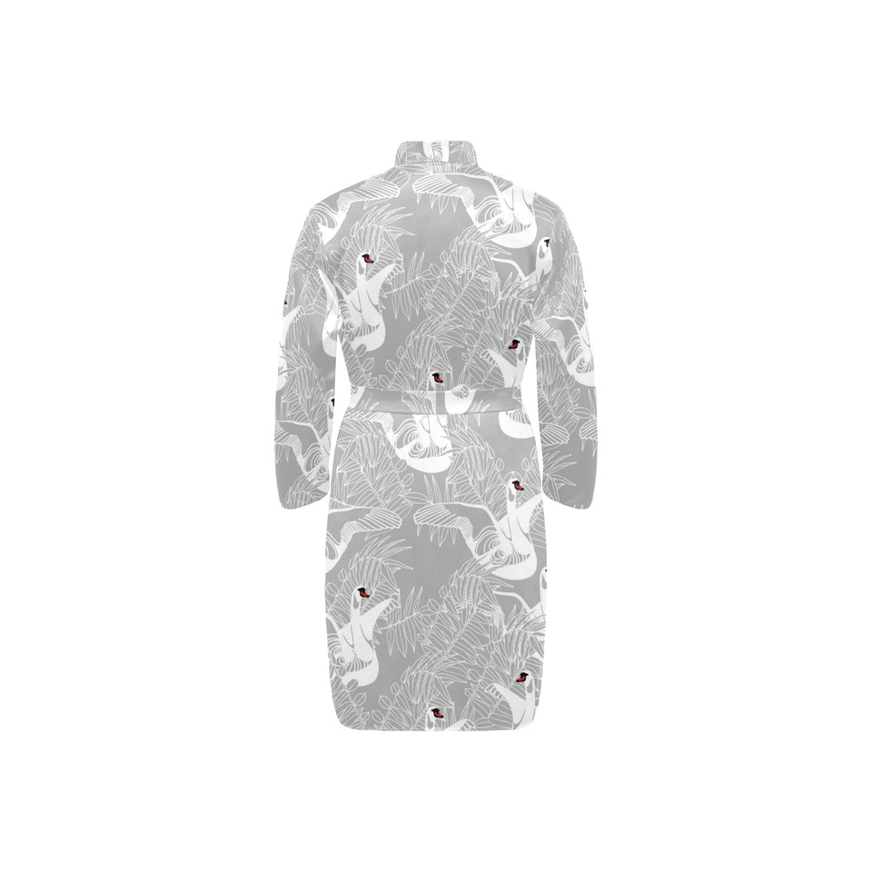 white swan gray background Men's Long Sleeve Belted Night Robe