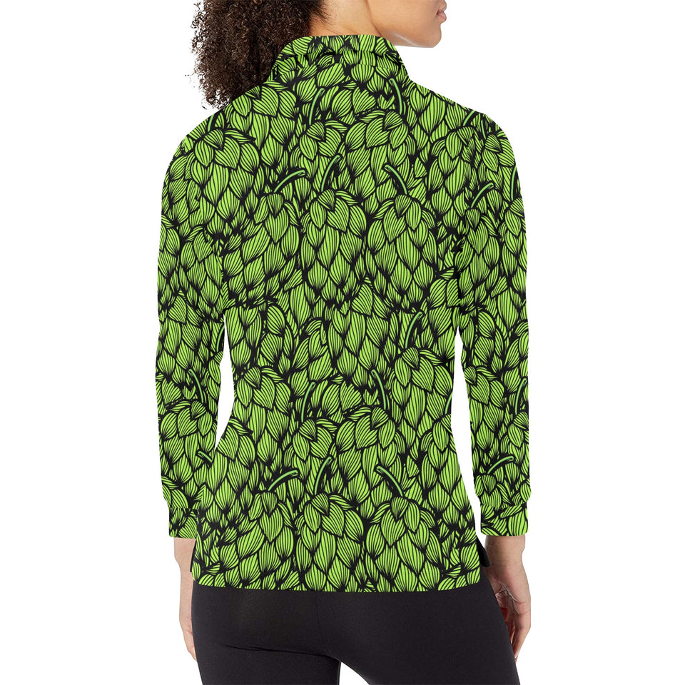 Green hop pattern Women's Long Sleeve Polo Shirt