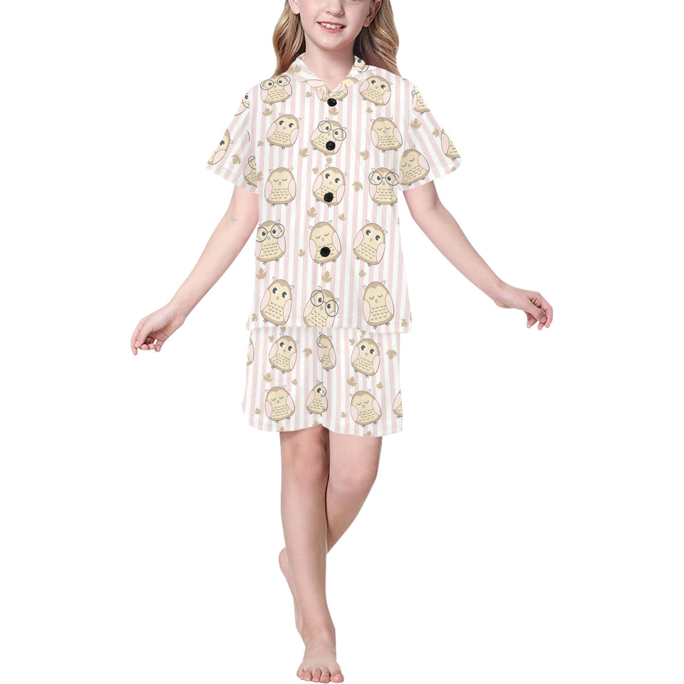 cute owl leaf Kids' Boys' Girls' V-Neck Short Pajama Set