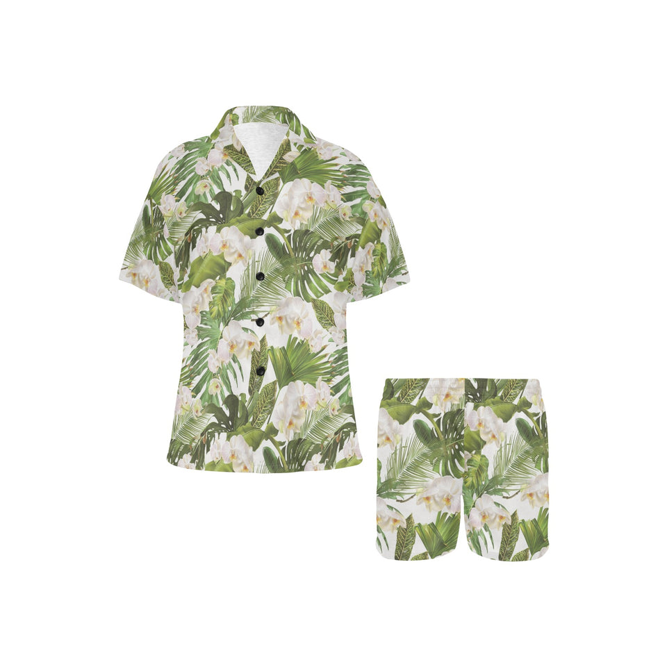 White orchid flower tropical leaves pattern Women's V-Neck Short Pajama Set