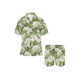 White orchid flower tropical leaves pattern Women's V-Neck Short Pajama Set