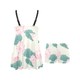 Pink lotus waterlily leaves pattern Chest Sexy Pleated Two Piece Swim Dress