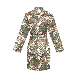 Monkey tropical leaves background Women's Long Sleeve Belted Night Robe
