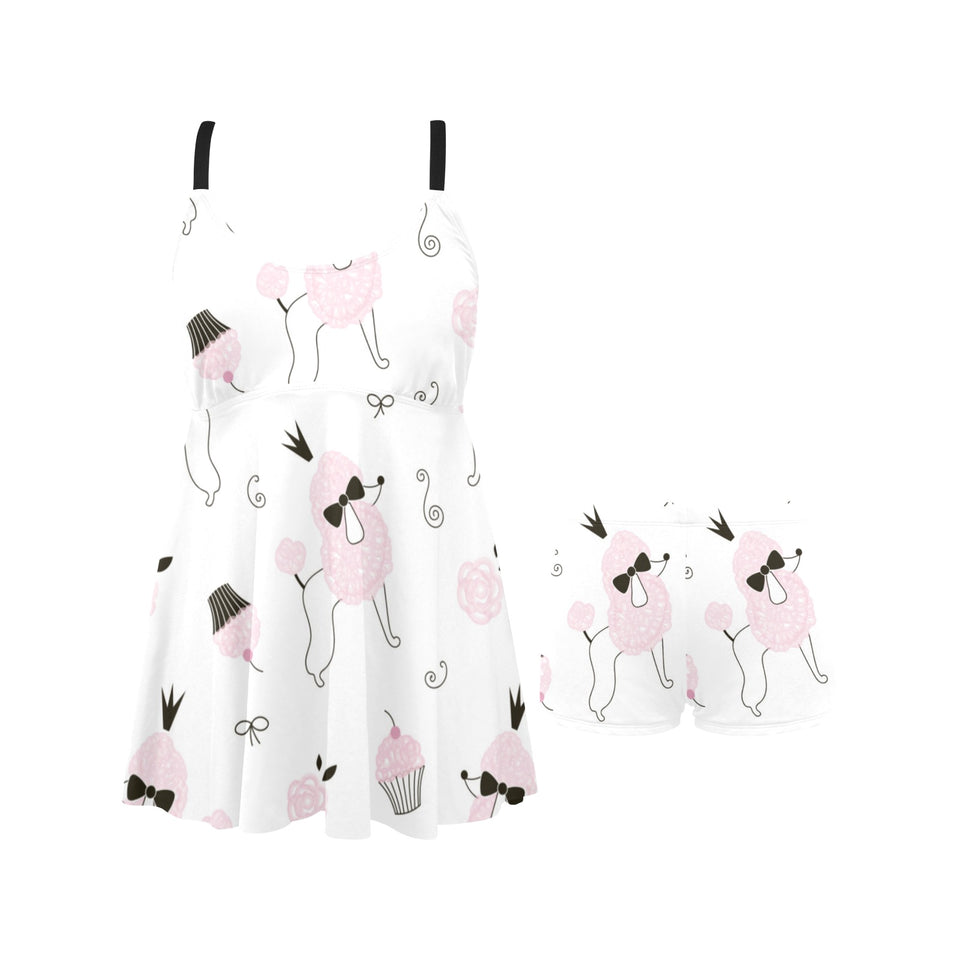 Poodle dog rose cake pattern Chest Sexy Pleated Two Piece Swim Dress
