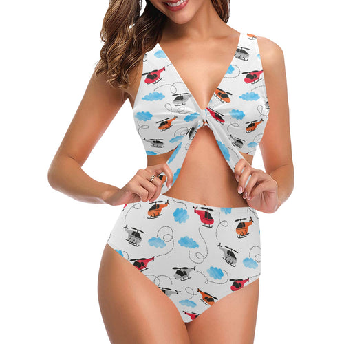 Watercolor helicopter cloud pattern Chest Bowknot High Waisted Bikini Swimsuit