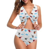 Watercolor helicopter cloud pattern Chest Bowknot High Waisted Bikini Swimsuit