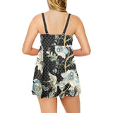 Japanese crane ornament elements Chest Sexy Pleated Two Piece Swim Dress