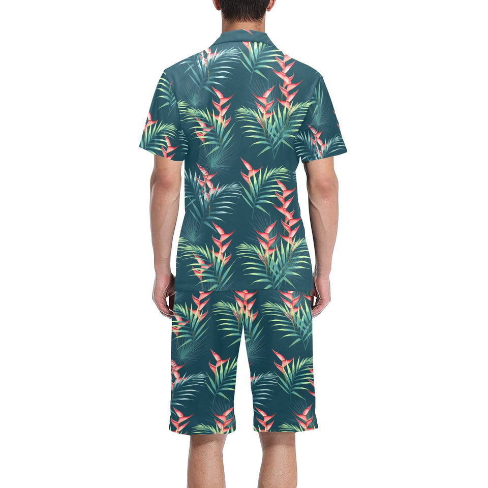 heliconia flowers, palm and monstera leaves on bla Men's V-Neck Short Pajama Set
