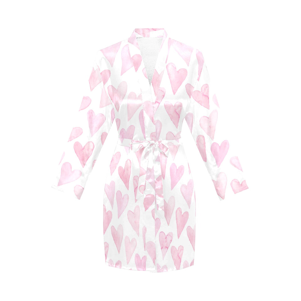 Watercolor pink heart pattern Women's Long Sleeve Belted Night Robe