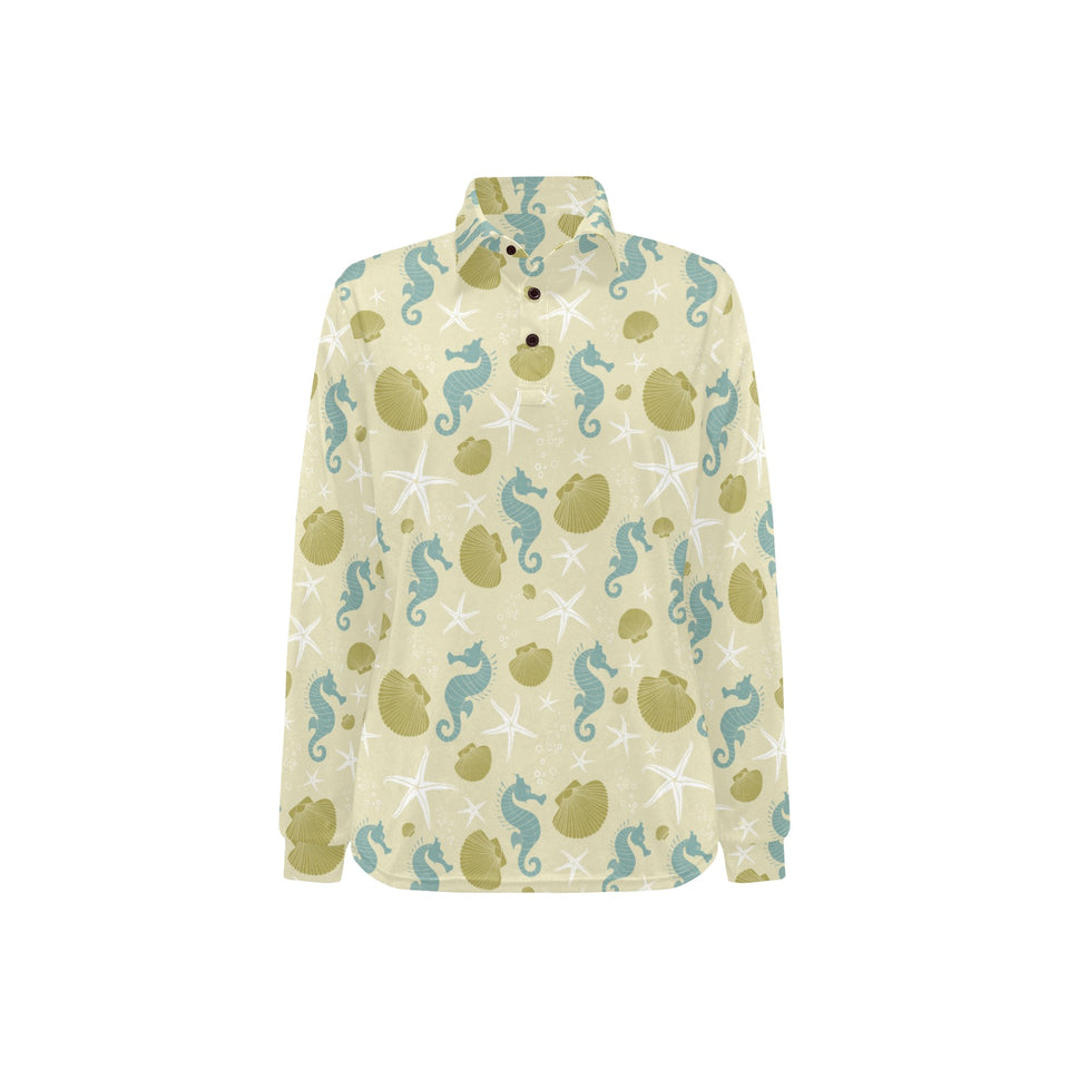 Seahorse shell starfish pattern background Women's Long Sleeve Polo Shirt