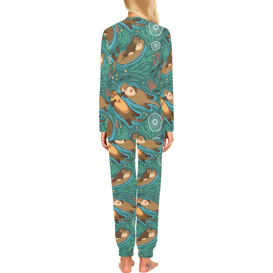 cute brown sea otters ornamental seaweed corals gr Women's All Over Print Pajama Set