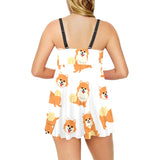 Brown pomeranian pattern Chest Sexy Pleated Two Piece Swim Dress