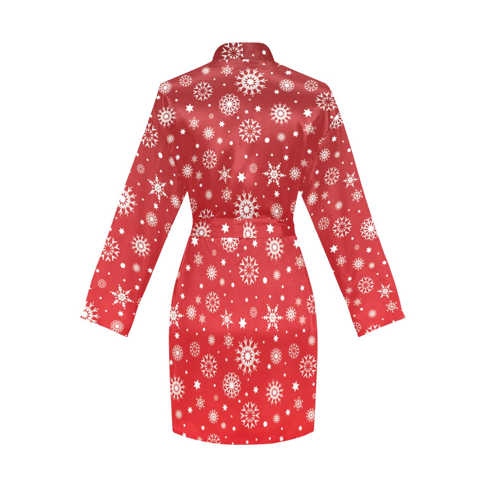 Snowflake pattern red background Women's Long Sleeve Belted Night Robe