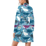 Whale design pattern Women's Long Sleeve Belted Night Robe