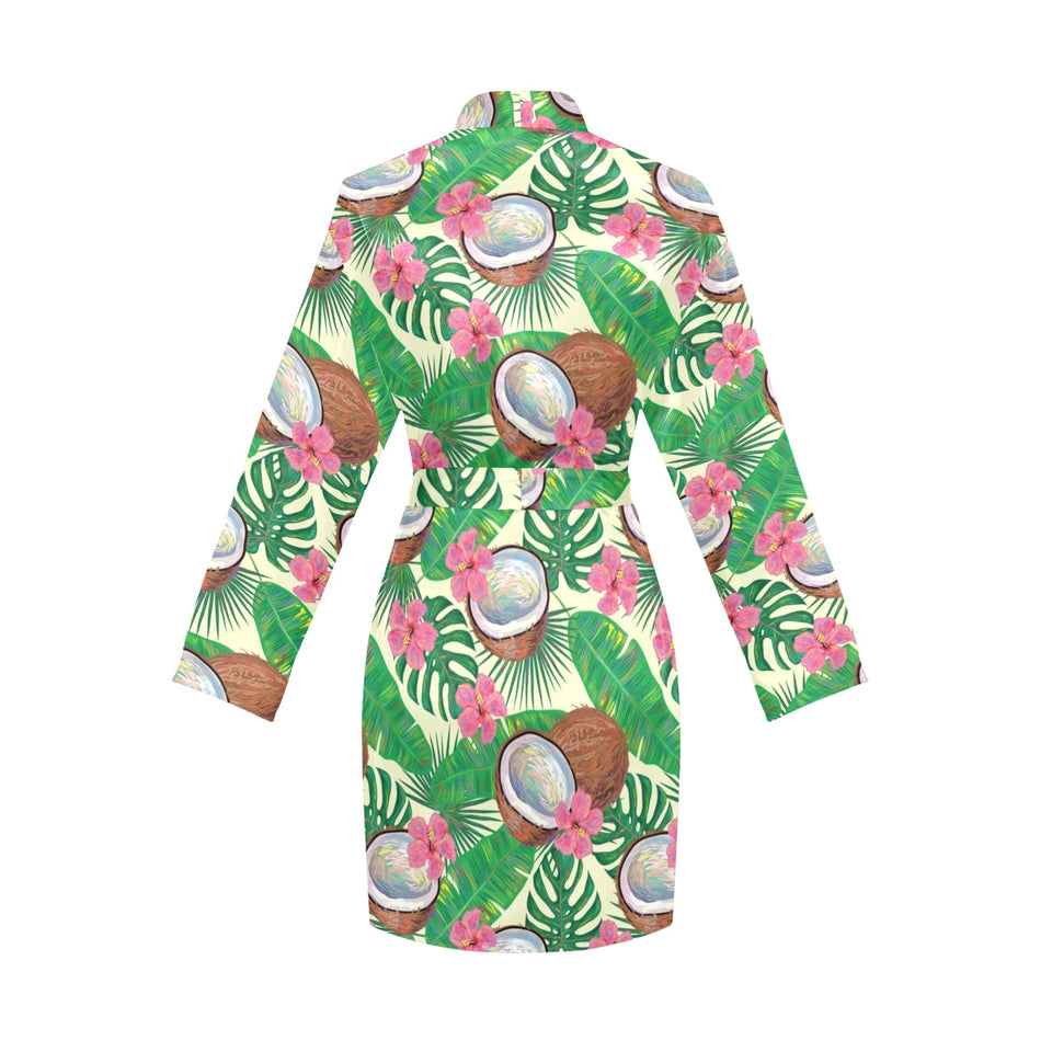 Coconut Pattern Print Design 01 Women's Long Sleeve Belted Night Robe