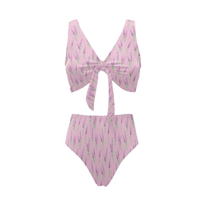 Lavender pattern pink background Chest Bowknot High Waisted Bikini Swimsuit
