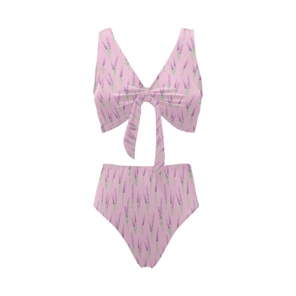Lavender pattern pink background Chest Bowknot High Waisted Bikini Swimsuit