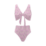 Lavender pattern pink background Chest Bowknot High Waisted Bikini Swimsuit