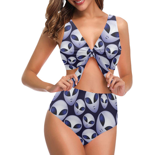 Alien Pattern Print Design 01 Chest Bowknot High Waisted Bikini Swimsuit