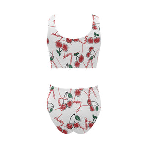 Hand drawn cherry pattern Chest Bowknot High Waisted Bikini Swimsuit