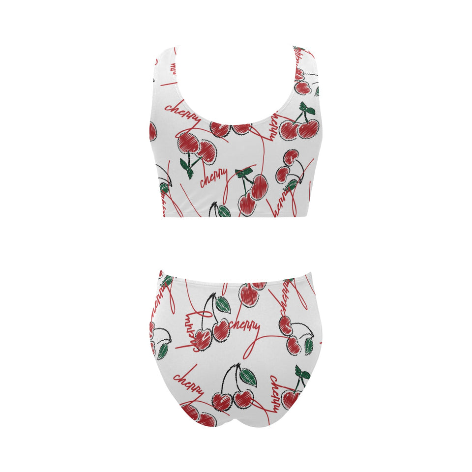 Hand drawn cherry pattern Chest Bowknot High Waisted Bikini Swimsuit