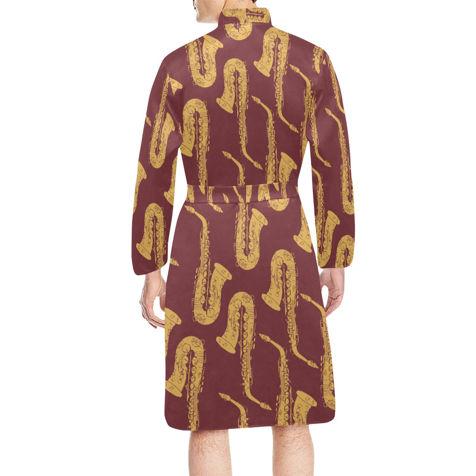 Hand drawn gold saxophone red background Men's Long Sleeve Belted Night Robe
