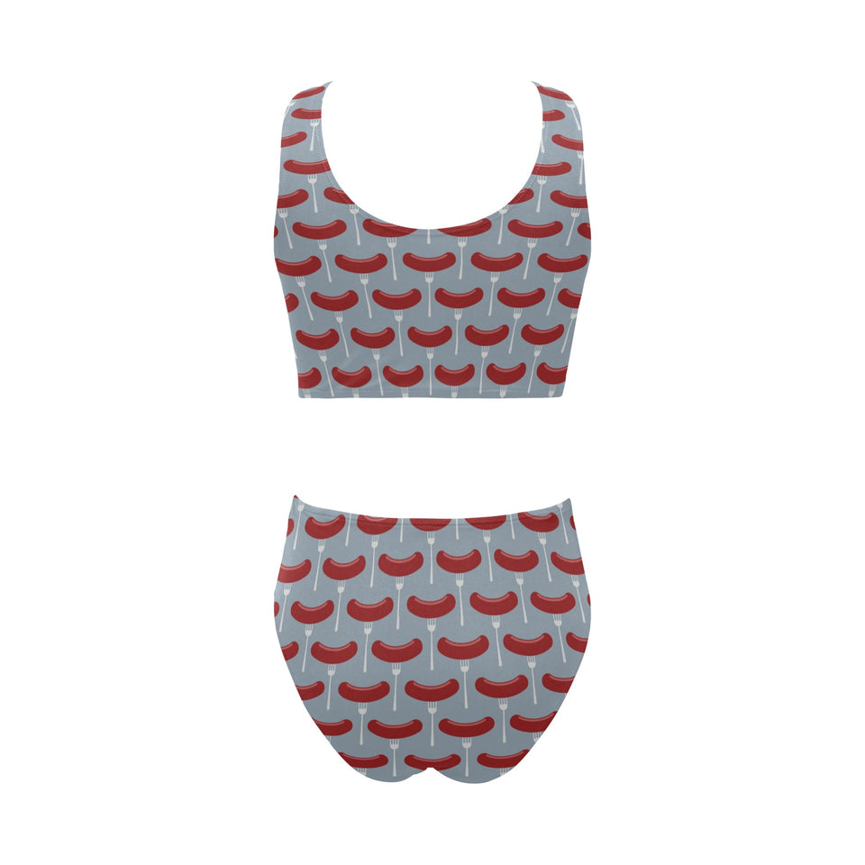 Sausage Pattern Print Design 02 Chest Bowknot High Waisted Bikini Swimsuit
