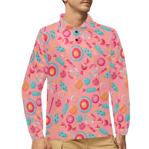 Colorful candy pattern Men's Long Sleeve Polo Shirt