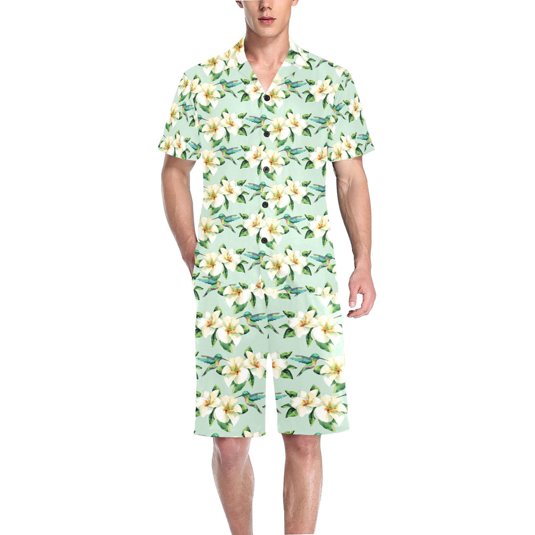 Hummingbird Pattern Print Design 01 Men's V-Neck Short Pajama Set