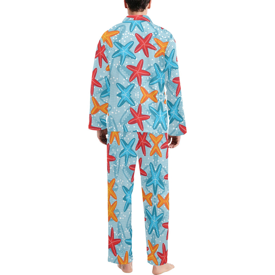 Blue red orange starfish pattern Men's Long Pajama Set