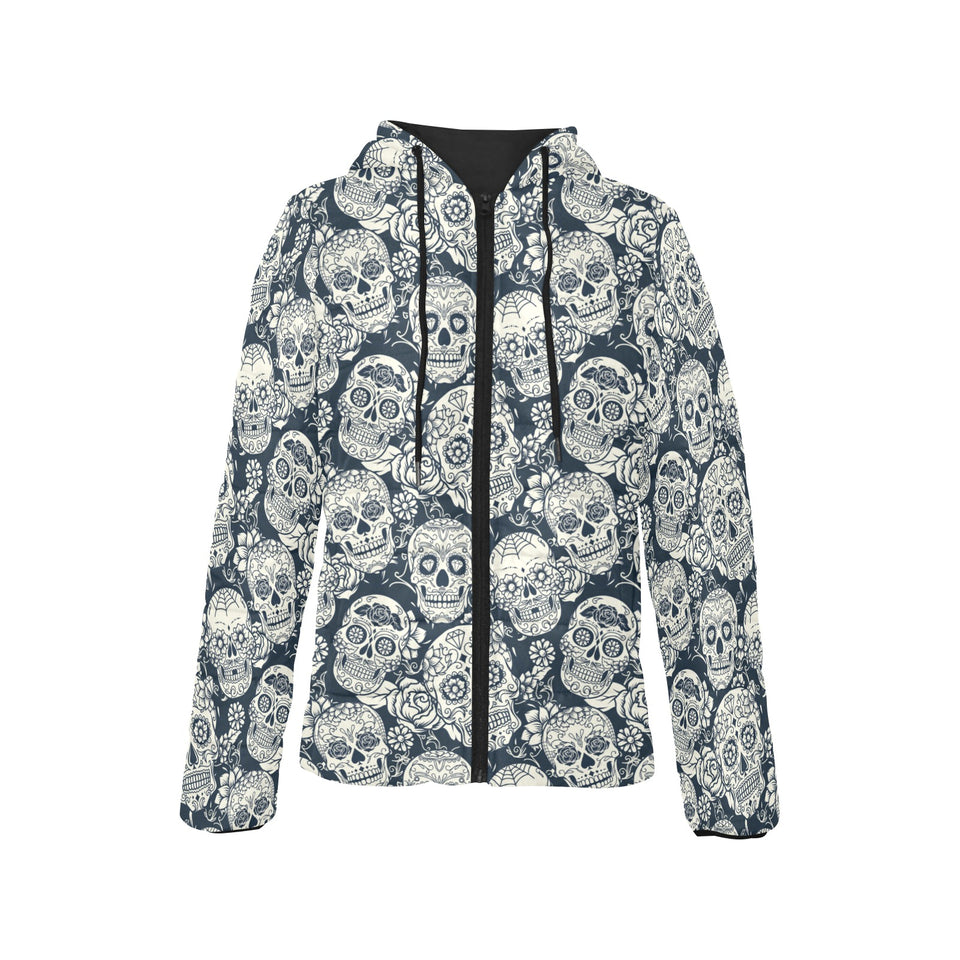 Sugar skull black white pattern Women's Padded Hooded Jacket