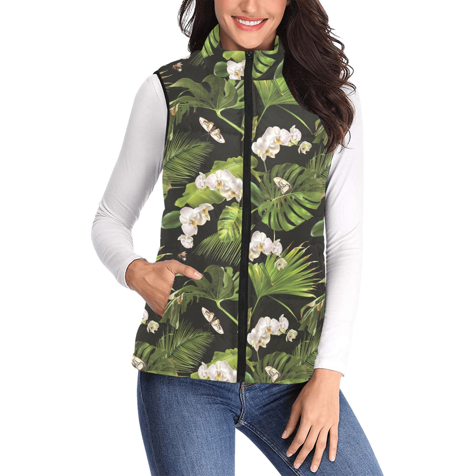 White orchid flower tropical leaves pattern blackg Women's Padded Vest