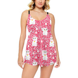Maneki neko cat sakura pink background Chest Sexy Pleated Two Piece Swim Dress
