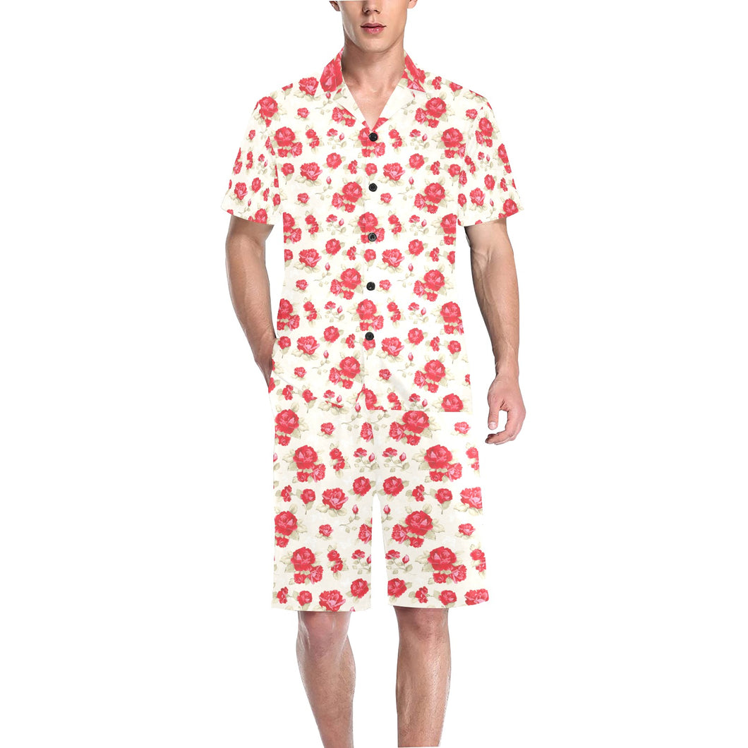 Rose Pattern Print Design 01 Men's V-Neck Short Pajama Set