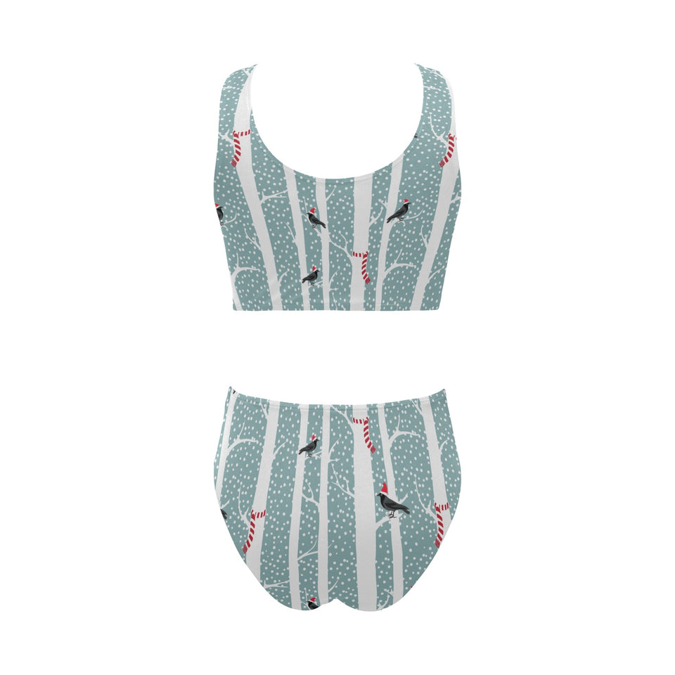 Crows christmas hat scarf Chest Bowknot High Waisted Bikini Swimsuit