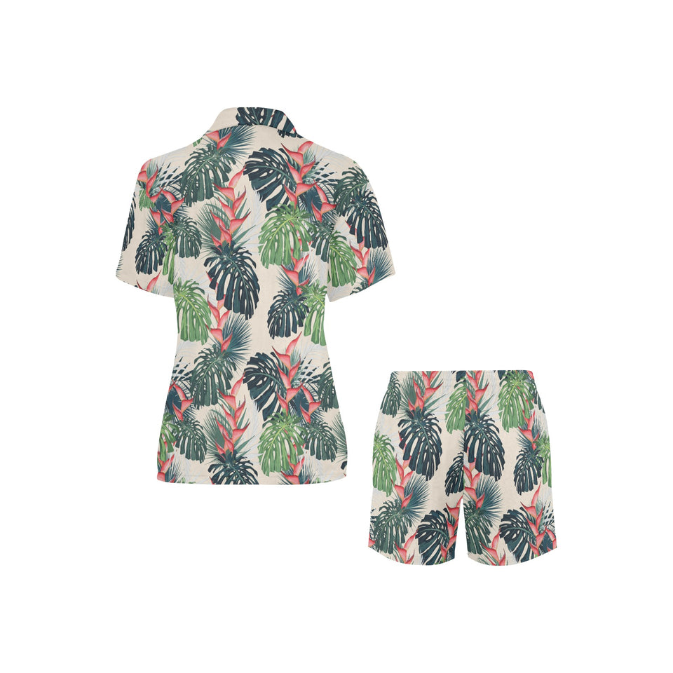 heliconia flowers, palm and monstera leaves Women's V-Neck Short Pajama Set