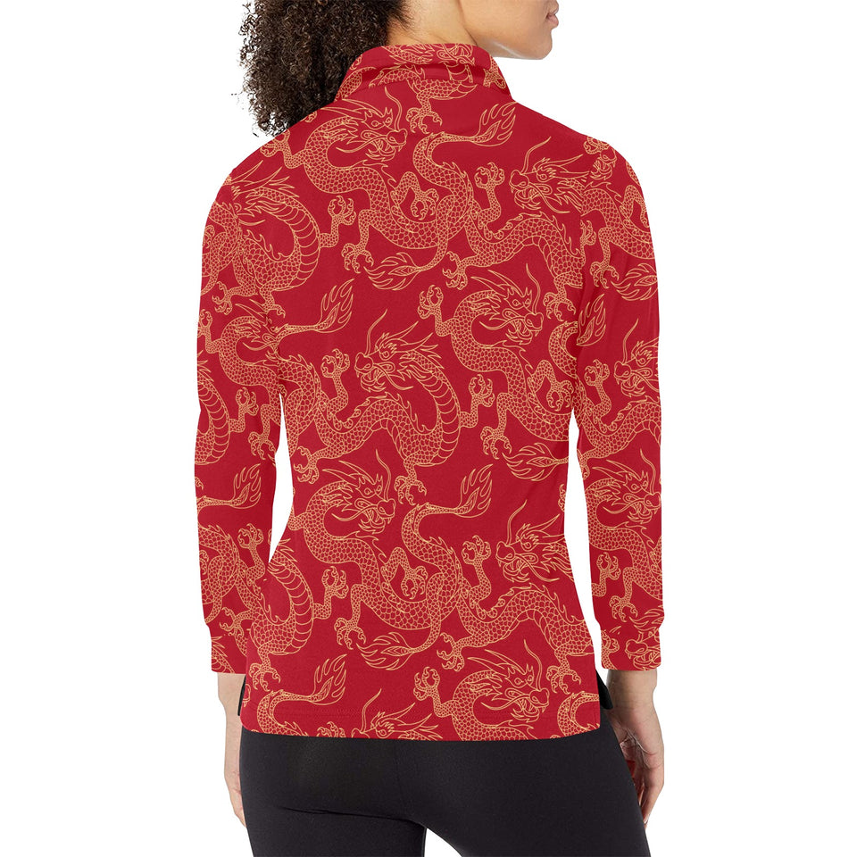 Gold dragons red background Women's Long Sleeve Polo Shirt