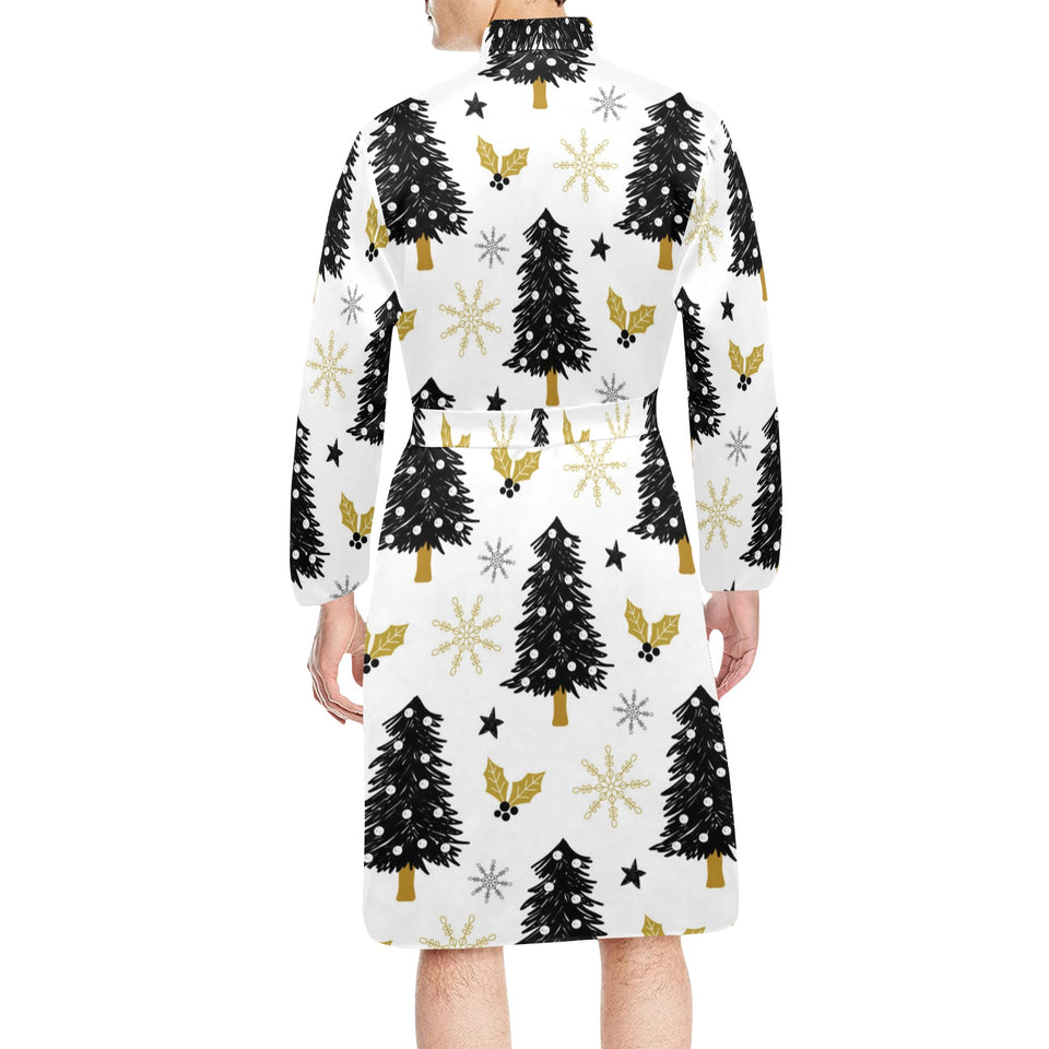 Christmas tree holly snow star pattern Men's Long Sleeve Belted Night Robe