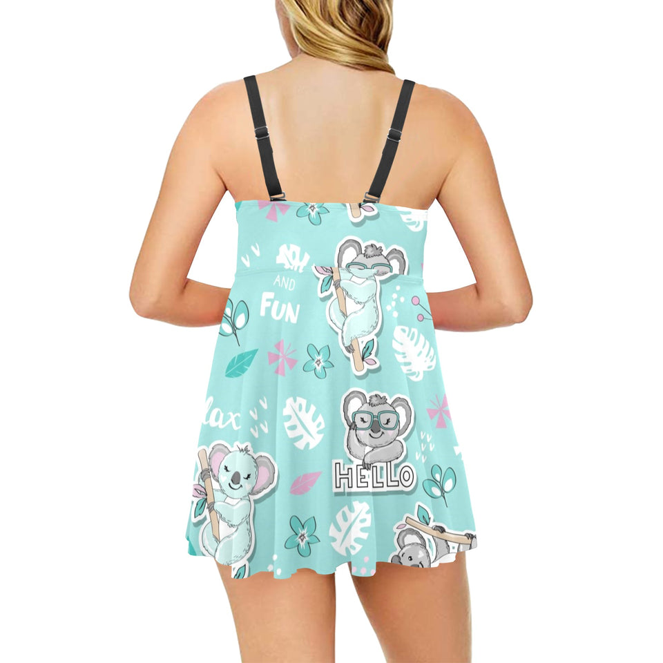 Cute koalas blue background pattern Chest Sexy Pleated Two Piece Swim Dress